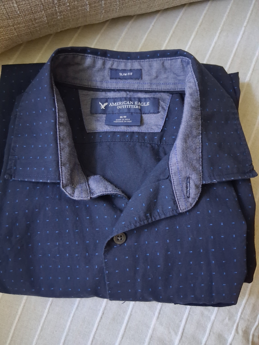American Eagle Outfitters Navy Blue Button-Down with Light Blue Microdot